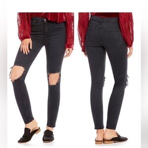 Free People Skinny Faded Black Jeans with Destroyed Knees